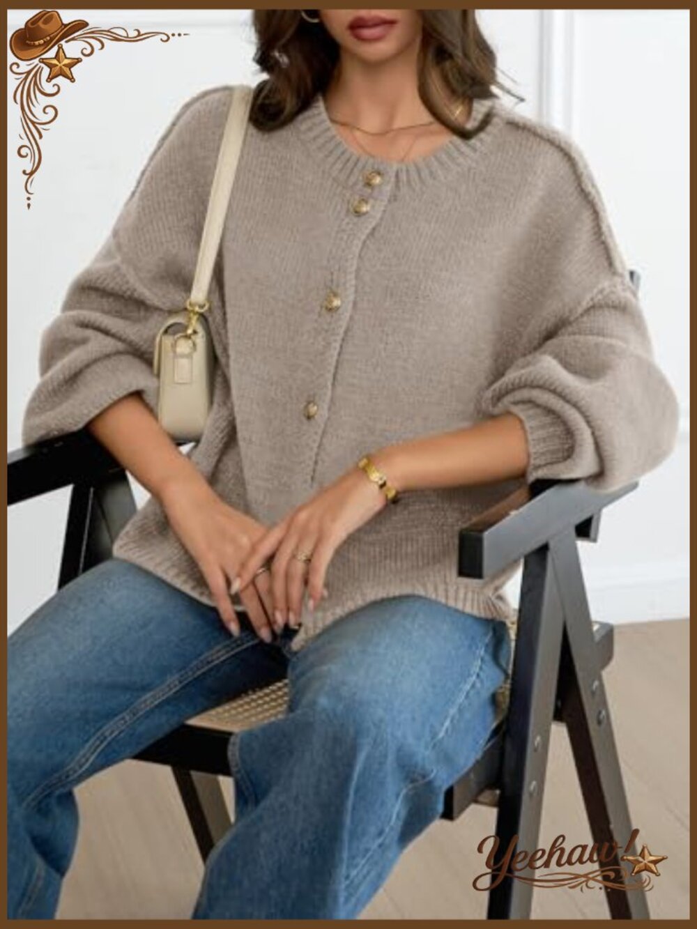 Oversized Chunky Knit Cardigan Button Up Lantern Sleeve Fall Sweater Coat - Picture 4 of 7